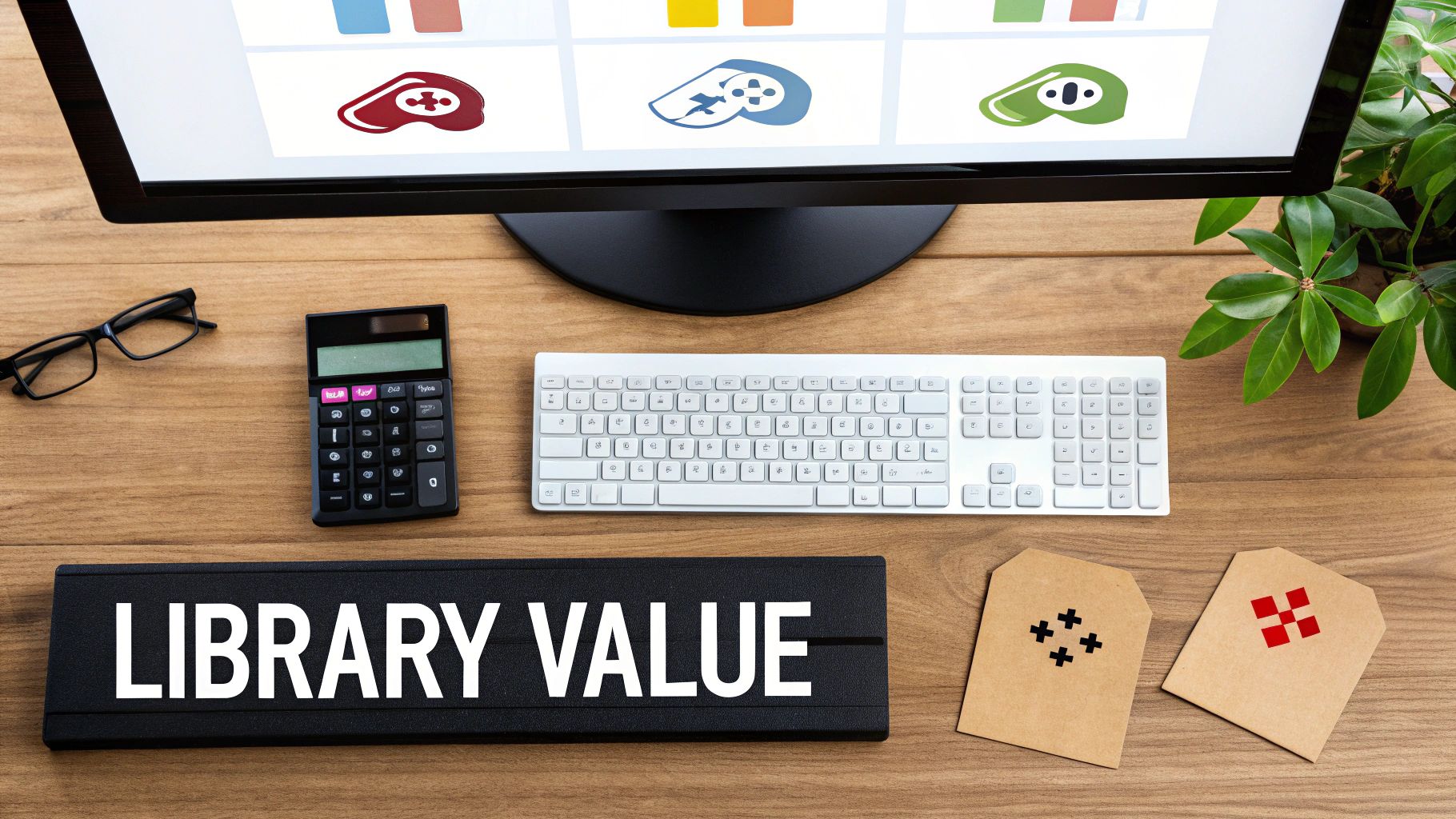 An overhead shot of a desk with a monitor showing gaming icons, a calculator, a keyboard, and a sign displaying 'LIBRARY VALUE'.