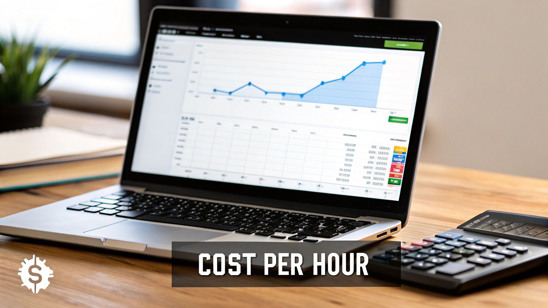 A laptop showing a financial graph and data on a desk with a calculator and text 'COST PER HOUR'.