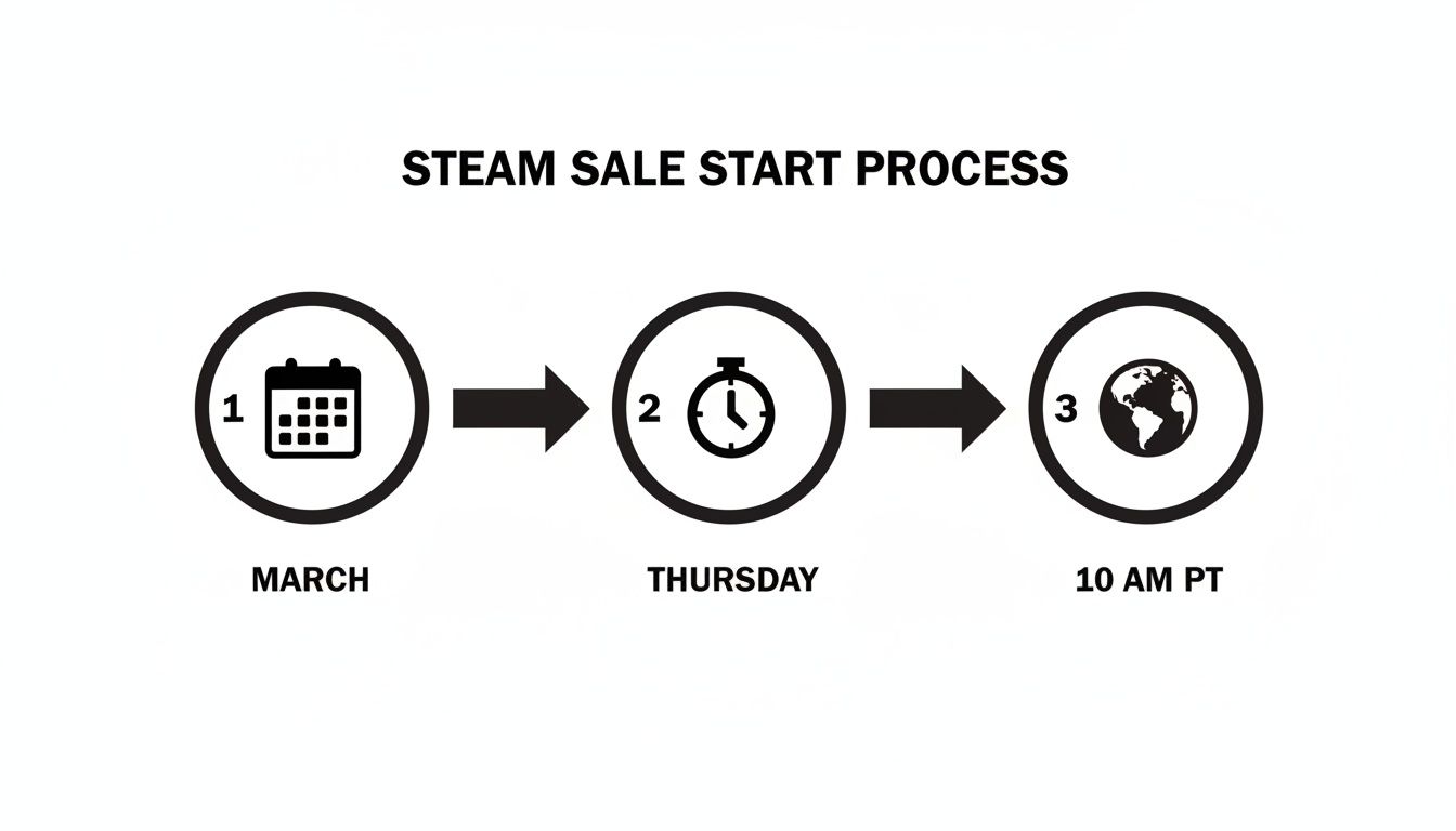 An infographic outlining the Steam Sale start process, indicating March, Thursday, and 10 AM PT.