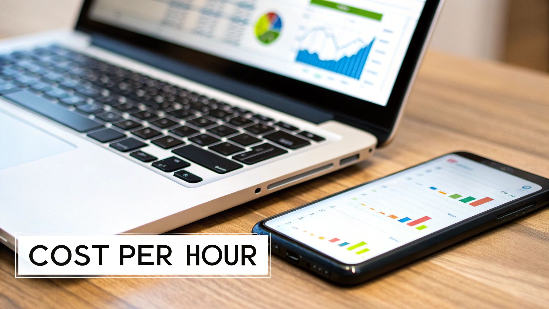 A laptop and smartphone display business analytics and financial charts on a wooden desk.