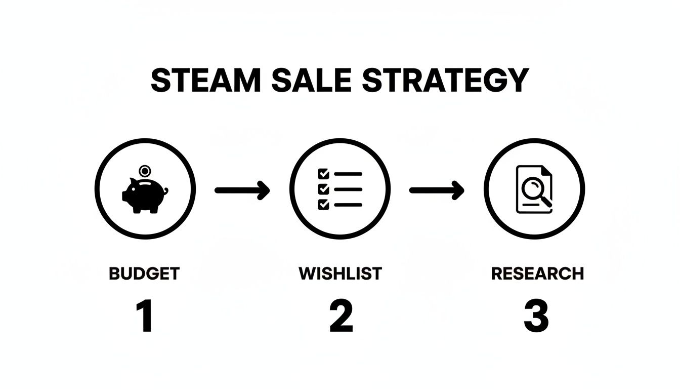 Flowchart illustrating a Steam sale strategy with steps: budget (piggy bank), wishlist (checklist), and research (magnifying glass).