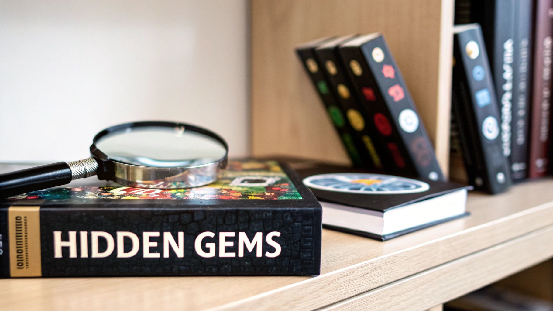A magnifying glass rests on a black book titled 'HIDDEN GEMS' on a wooden shelf.