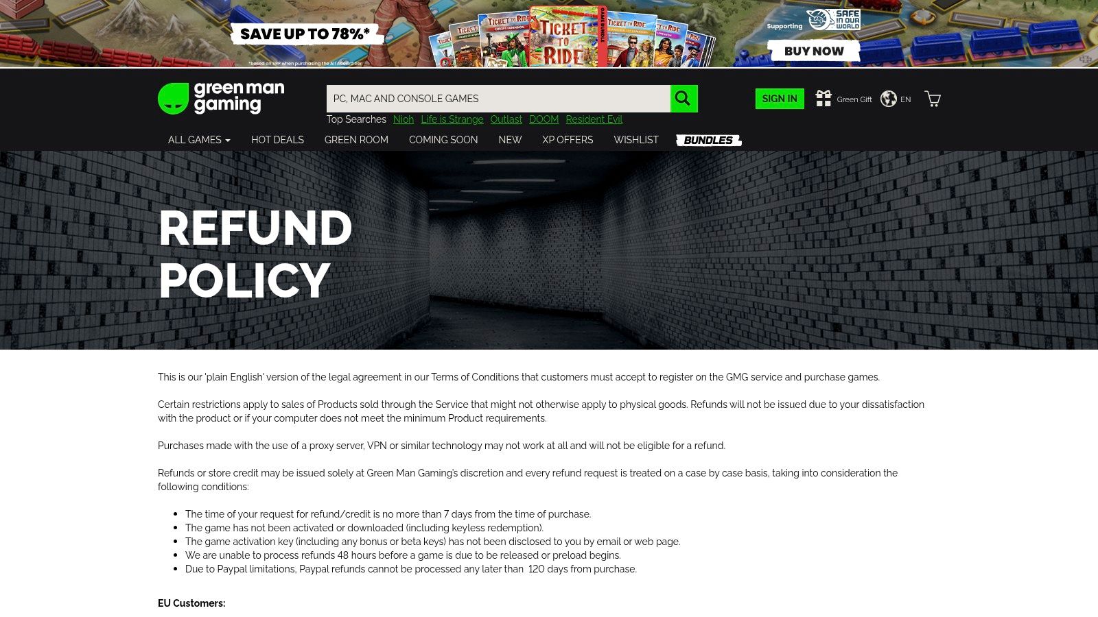 A screenshot of the Green Man Gaming website, showcasing its user interface and a game's product page.