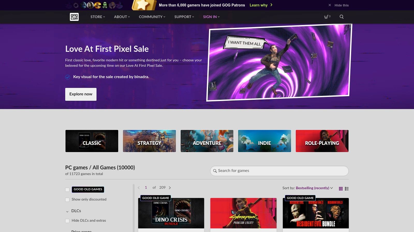 GOG.com game store showing controller support filters