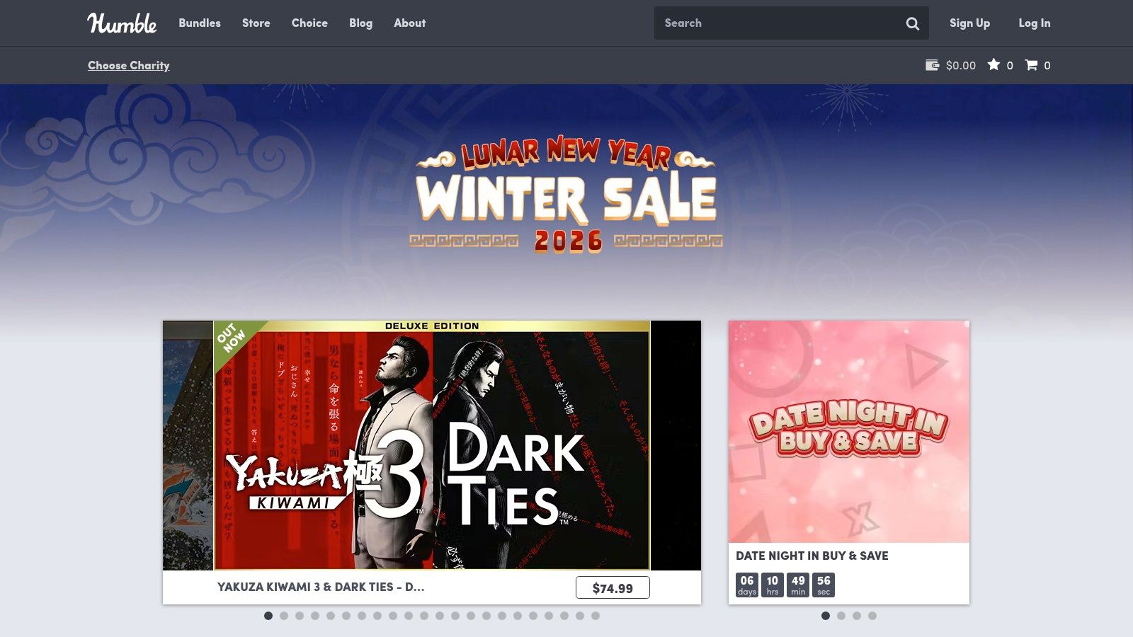 A screenshot of the Humble Store, showing various game bundles and the Humble Choice subscription offer.