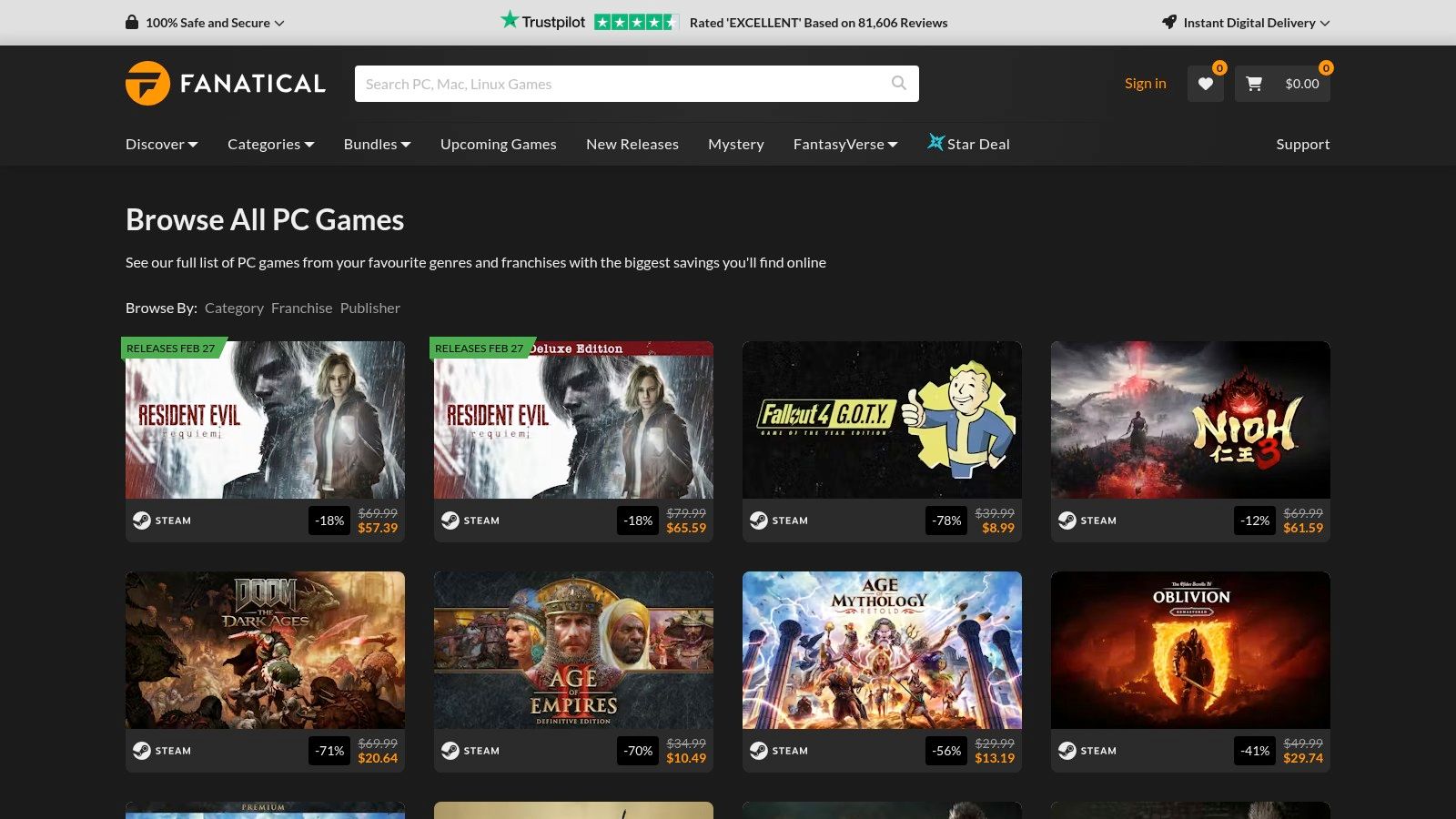 A screenshot of the Fanatical store page, showcasing a bundle of adventure games available for a discounted price.