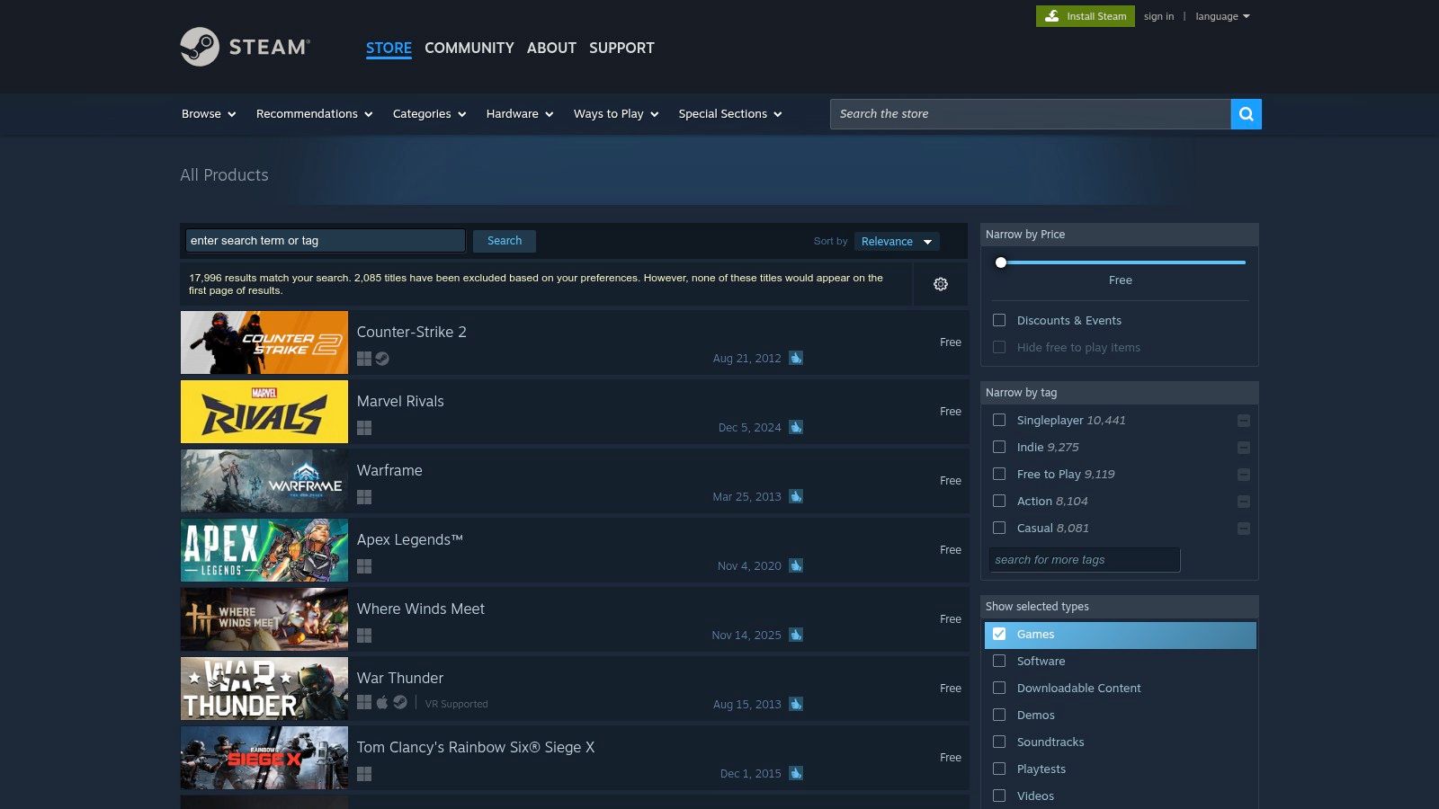Steam Store – Free games filter (official)