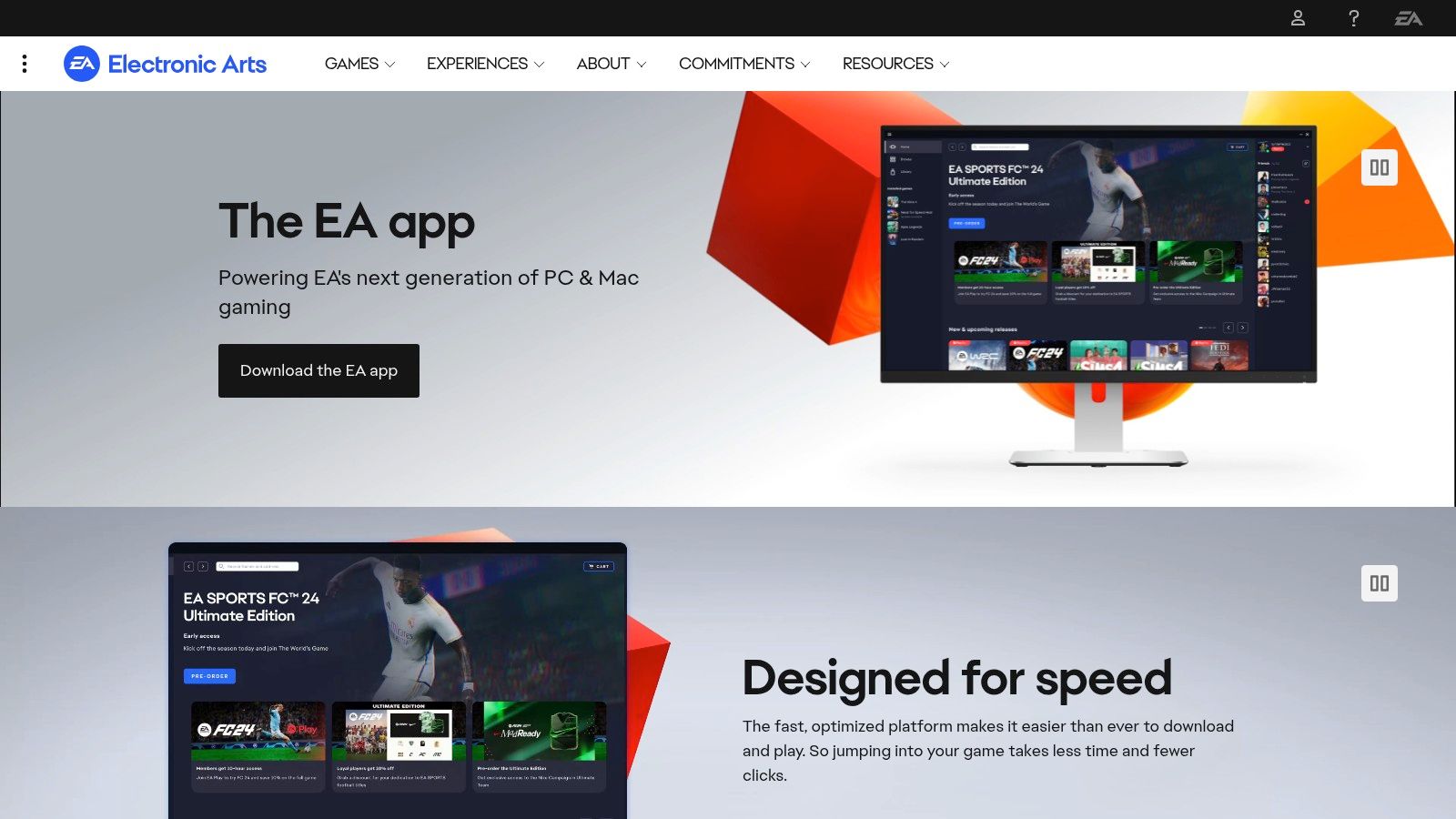 A screenshot of the EA App interface, showing a library of games including Apex Legends and Battlefield.