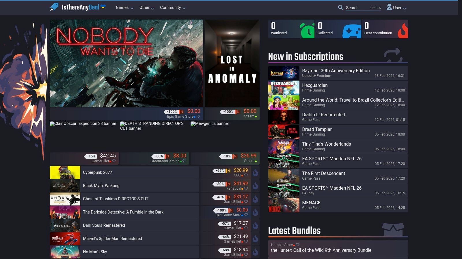 IsThereAnyDeal website interface showing game prices and deals