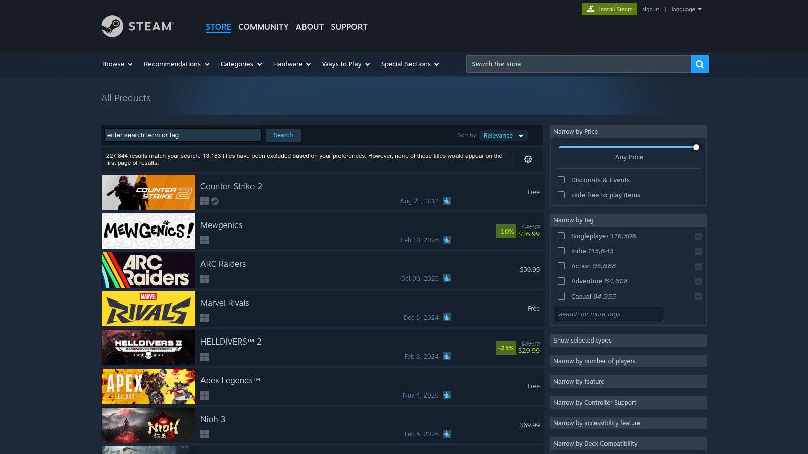 Steam Store listings showing controller support labels