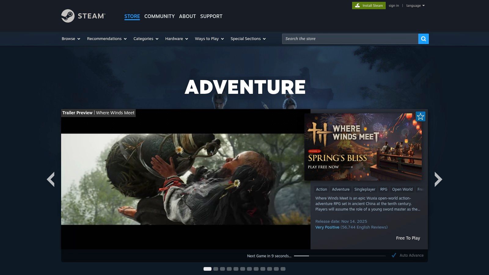 A screenshot of the Steam store page showing the adventure game category, highlighting its vast selection.