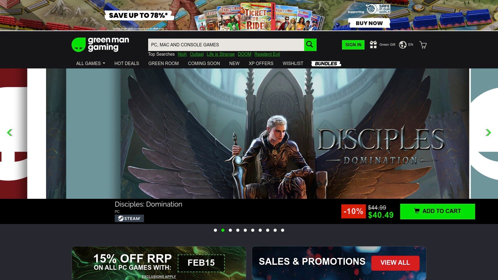 A promotional banner from Green Man Gaming showcasing deals on popular PC games.