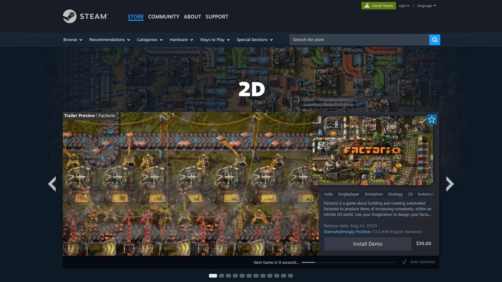 A screenshot from the 2D game Factorio, showcasing complex factory automation.