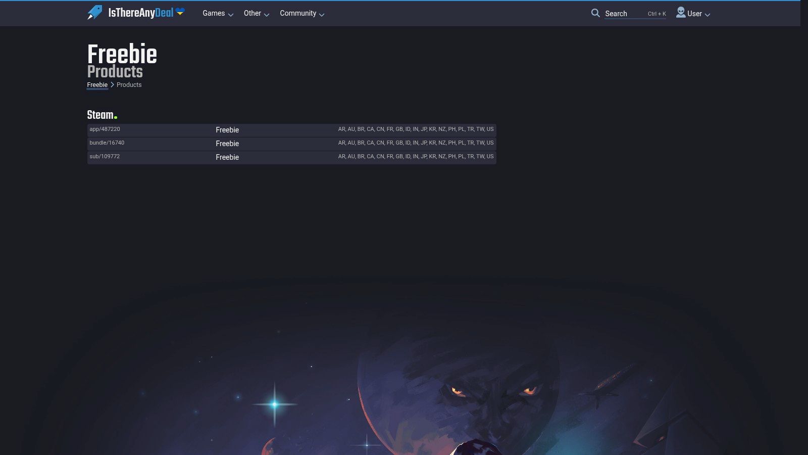 IsThereAnyDeal's free games section showing a grid of available titles.