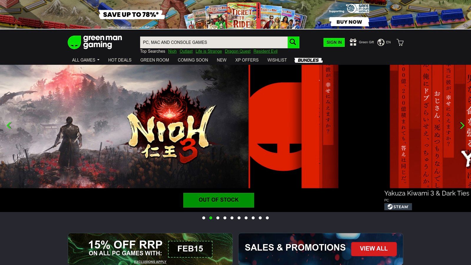 A screenshot of the Green Man Gaming website, showing various game deals.