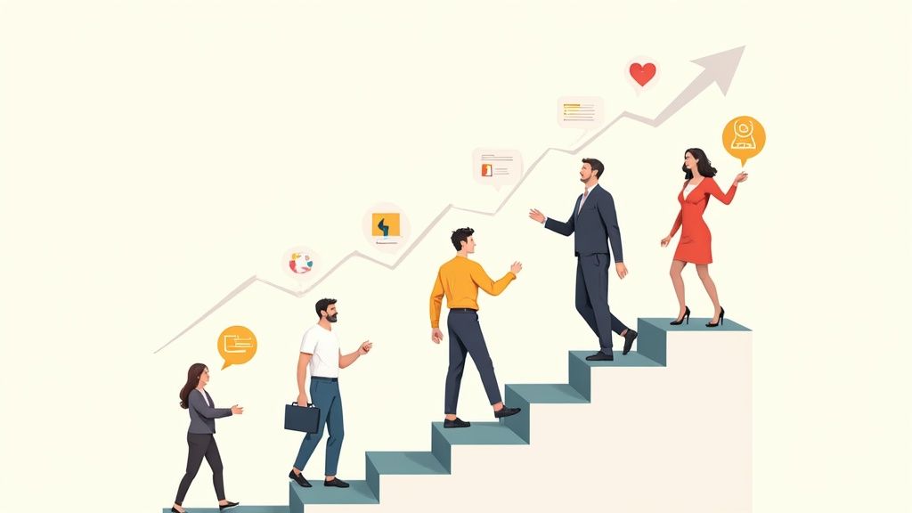 Diverse business professionals ascend a staircase with an upward arrow, symbolizing teamwork, progress, and career growth.