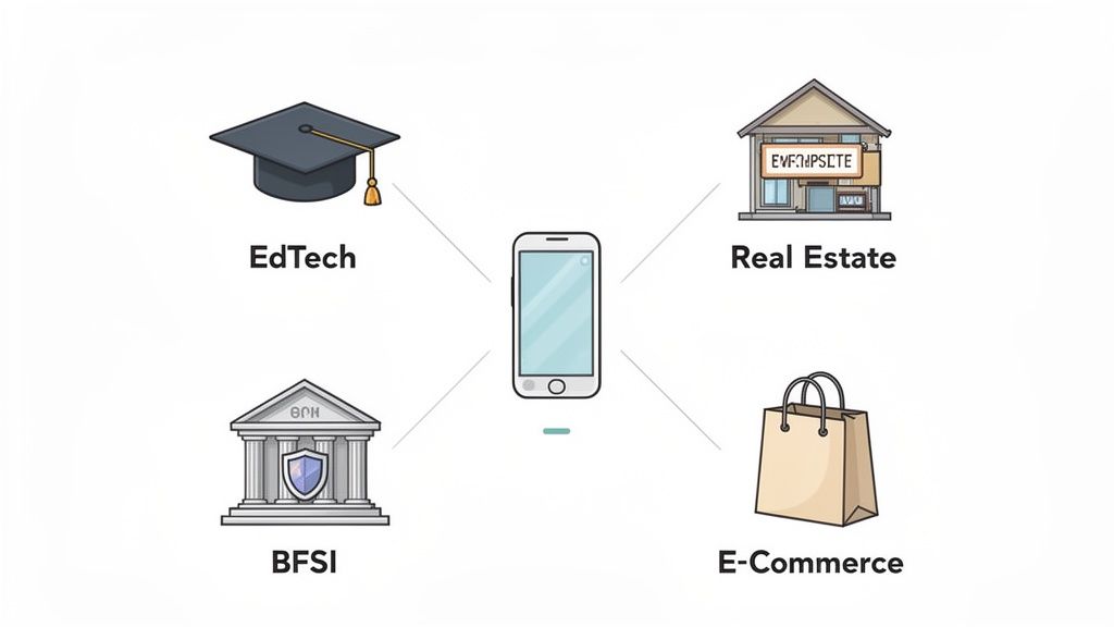 A central smartphone connected to icons representing EdTech, Real Estate, BFSI, and E-Commerce.
