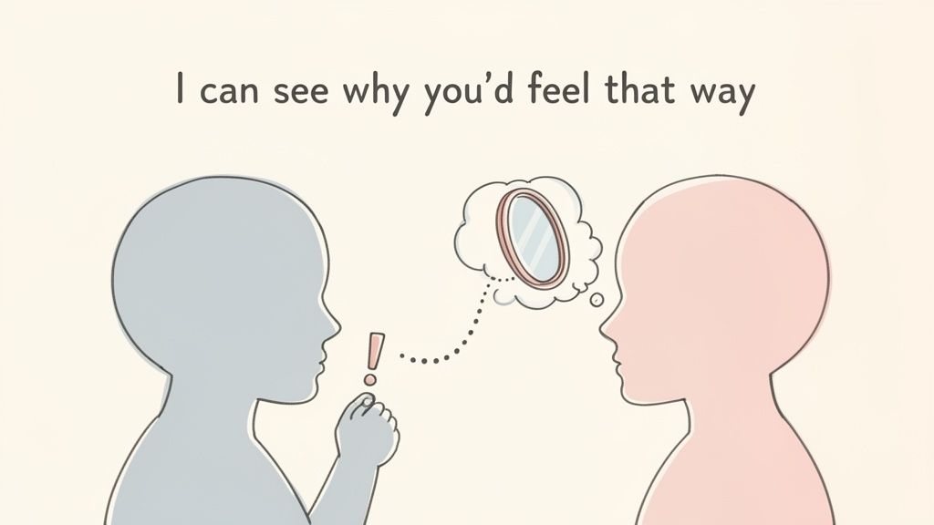 Two figures illustrate empathy, one understanding the other's perspective, with a mirror in a thought bubble.