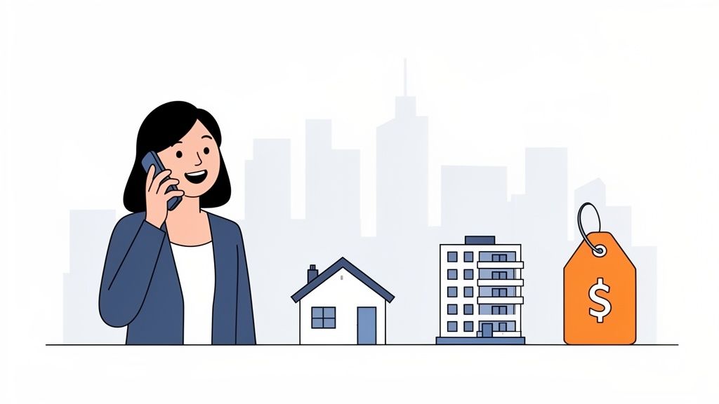 Smiling woman on a phone call with a house, apartment building, and price tag, representing real estate dealings.