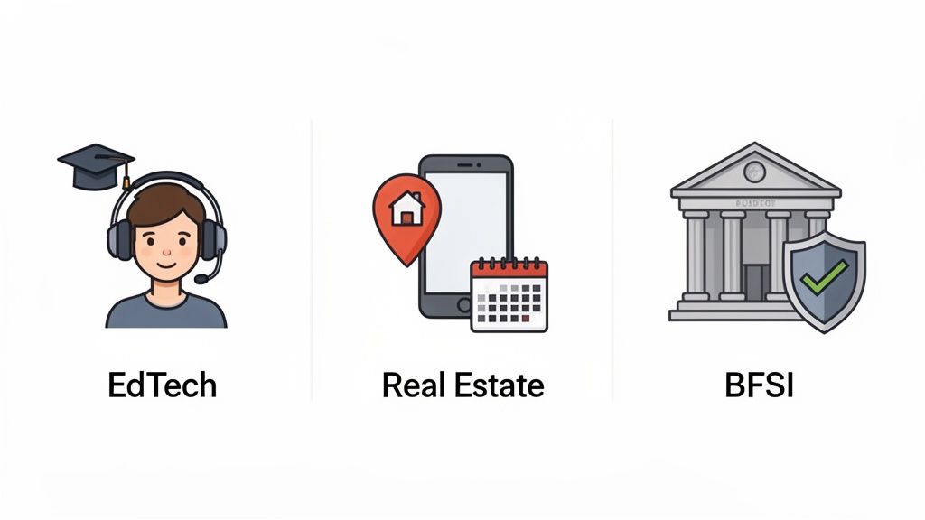 Illustrative icons for EdTech, Real Estate, and BFSI sectors, including a student, smartphone, and bank.