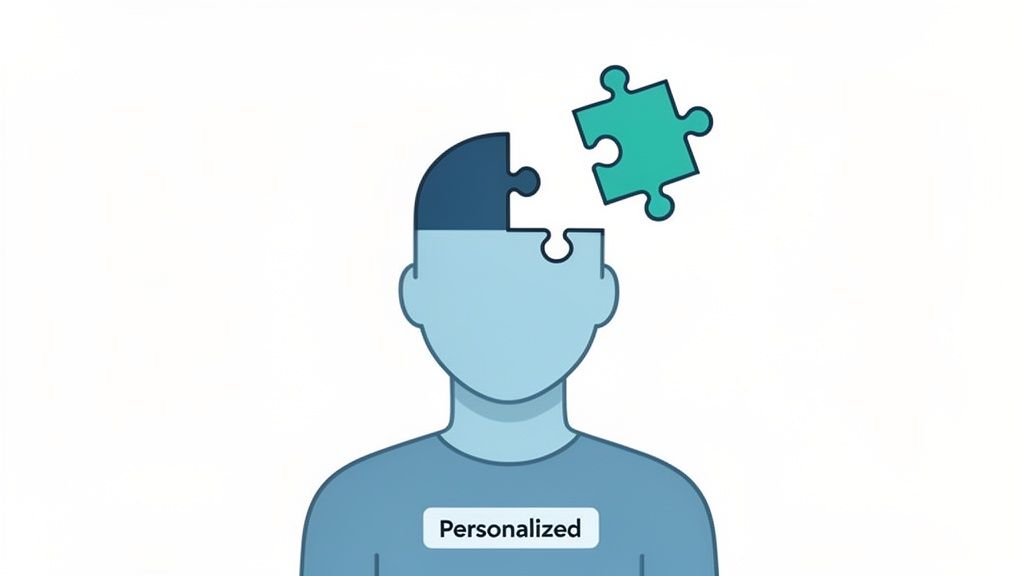 An illustration of a person's head with a missing puzzle piece being added, labeled 'Personalized'.