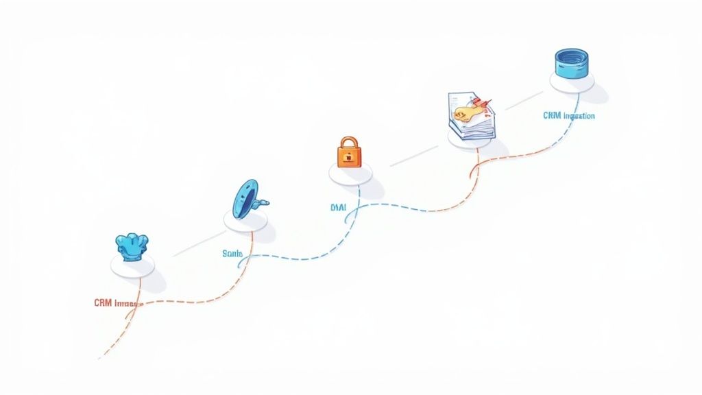 A diagram illustrating a data processing workflow with CRM, Santo, DIAI security, and CRM ingestion stages.