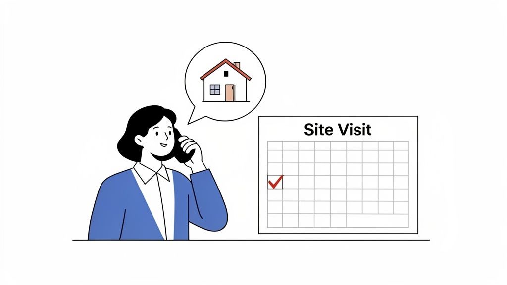 A woman on the phone discusses a house, scheduling a site visit on a calendar.