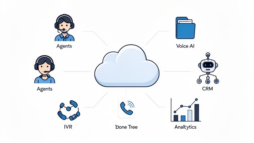 Diagram showing a cloud connecting call center agents, Voice AI, CRM, IVR, phone tree, and analytics.