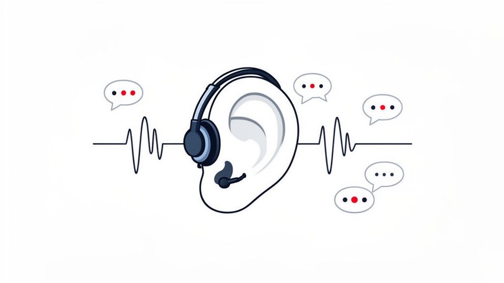 Illustration of an ear with a headset, sound waves, and speech bubbles depicting customer support.