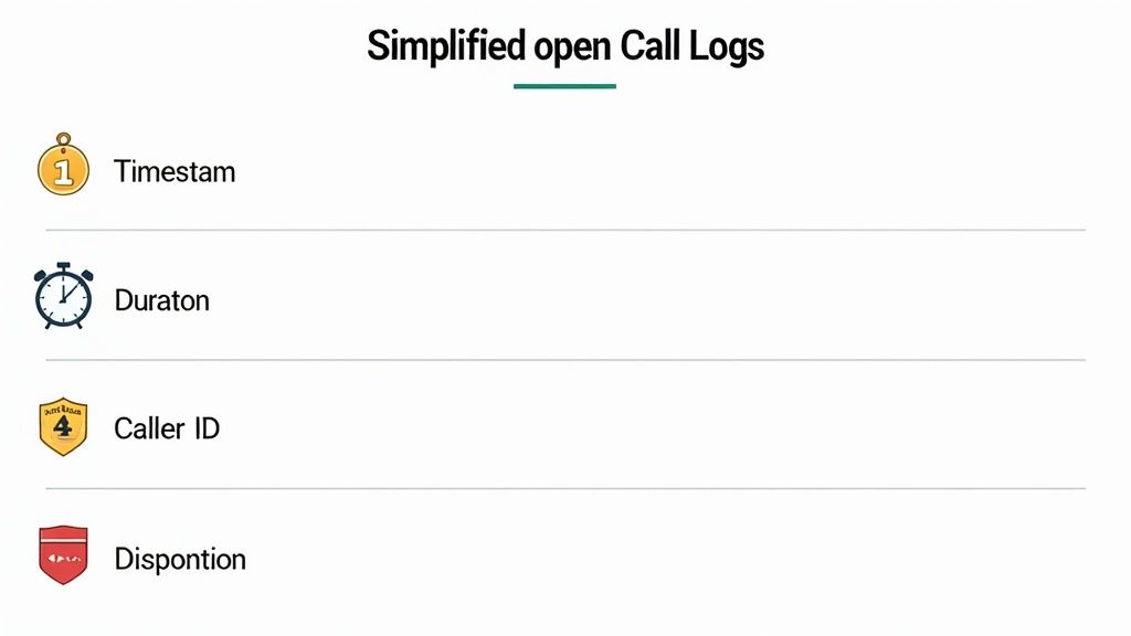 A visual representation of simplified open call logs listing timestamp, duration, caller ID, and disposition.
