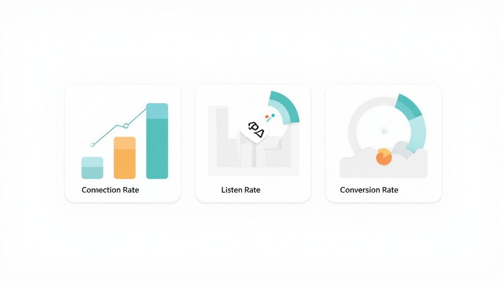 Three white cards display data visualizations for connection rate, listen rate, and conversion rate metrics.
