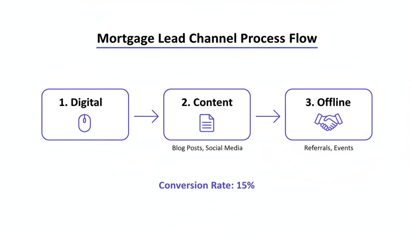 Flowchart illustrating the mortgage lead generation process with digital, content, and offline channels, showing a 15% conversion rate.