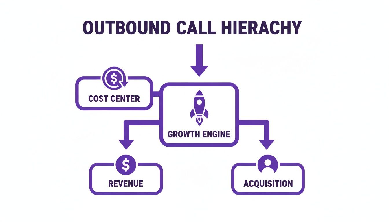 A diagram illustrating the outbound call hierarchy, connecting cost centers to growth, revenue, and acquisition.