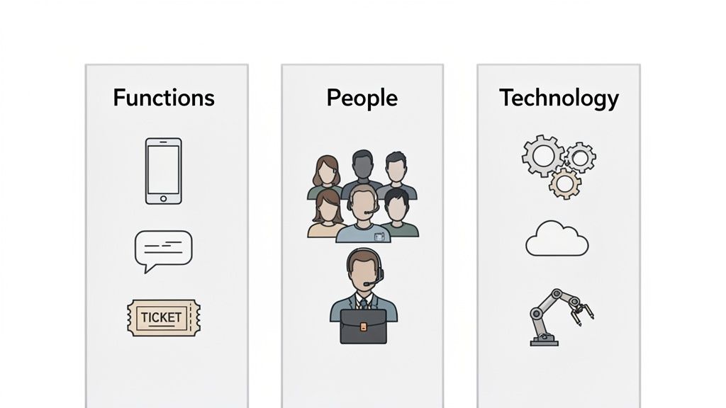 An illustration showing three categories: Functions, People, and Technology, with their respective icons.