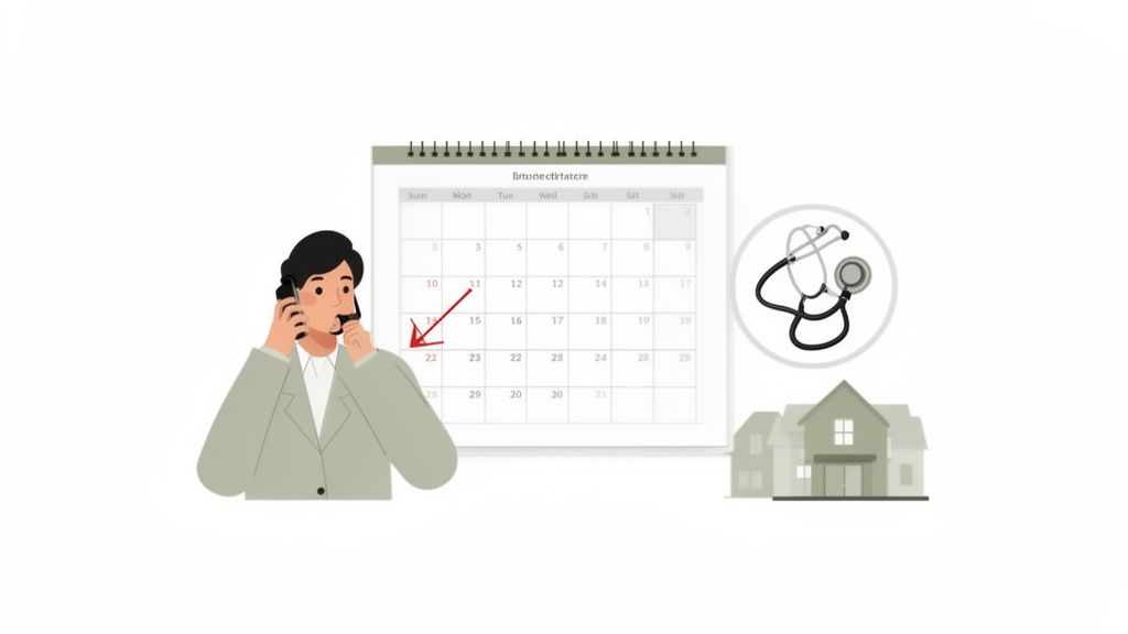 An illustration of a man on the phone, scheduling a medical appointment on a calendar for a clinic visit.