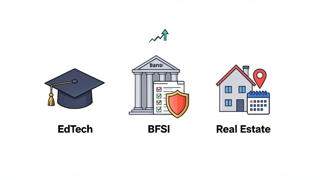 Illustrative icons representing key sectors: EdTech, BFSI (banking, finance), and Real Estate, indicating market growth.