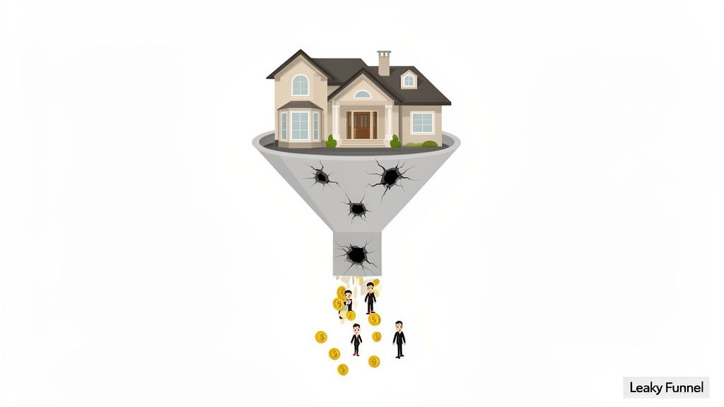 A house sits on top of a leaky funnel, with money and tiny people falling out, symbolizing lost leads or revenue.