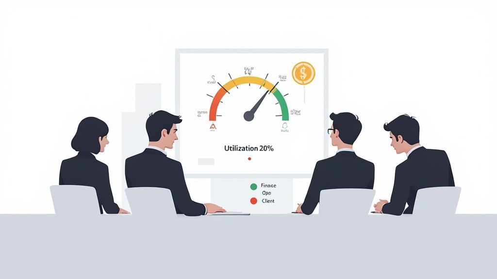 Business team reviews a dashboard showing 20% utilization, financial data, and client metrics.