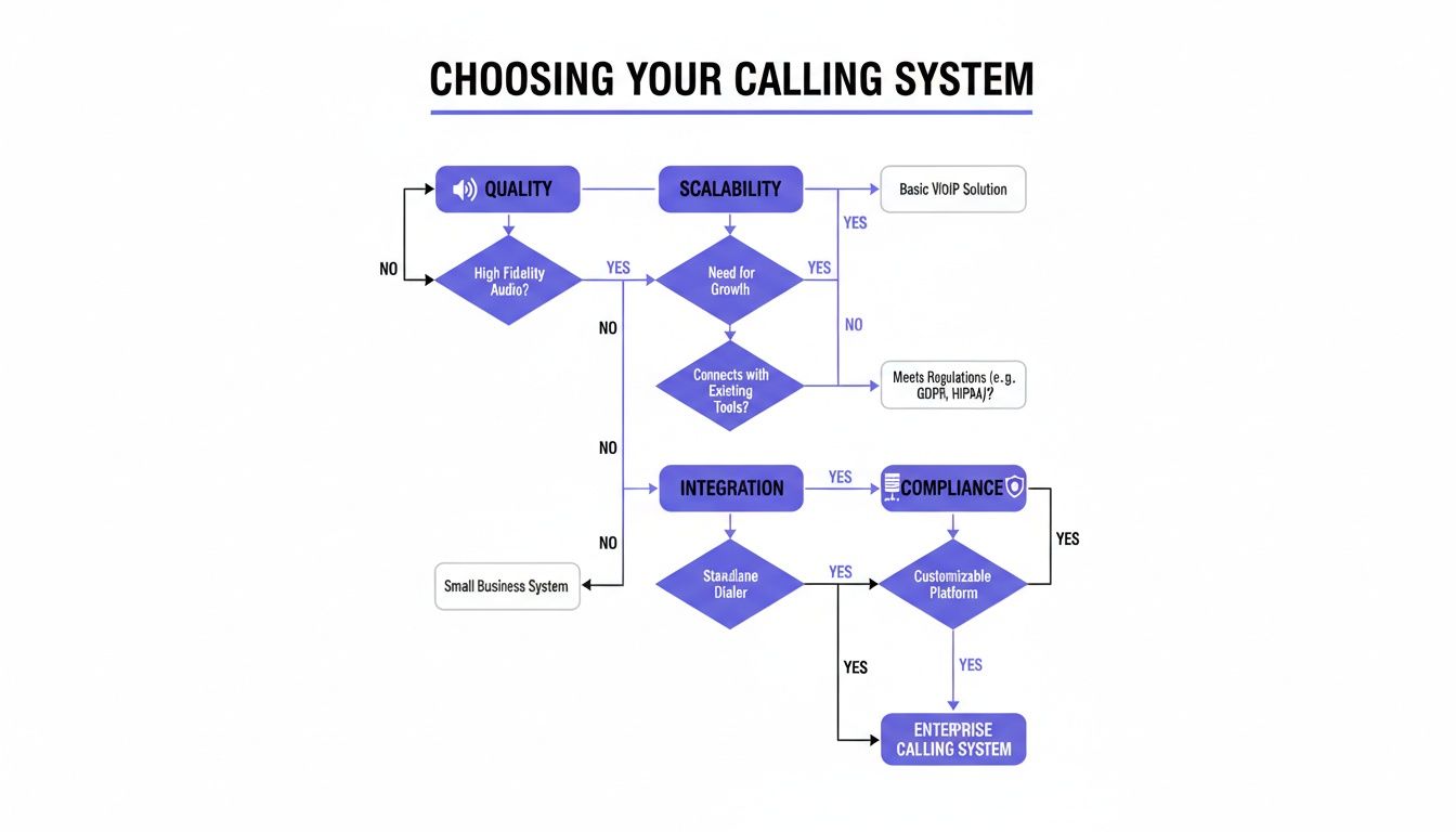 A flowchart illustrating the decision process for choosing a calling system based on various business needs.