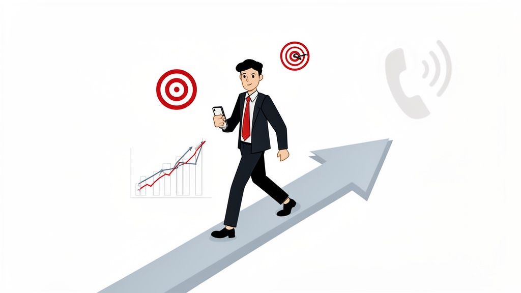 A businessman walks up an arrow towards targets, graphs, and a phone icon, symbolizing business growth.
