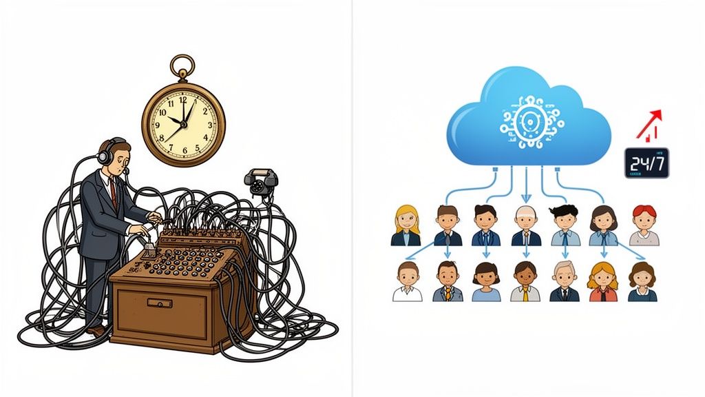 Comparison of a manual, wired telephone operator with an AI cloud system connecting diverse users.
