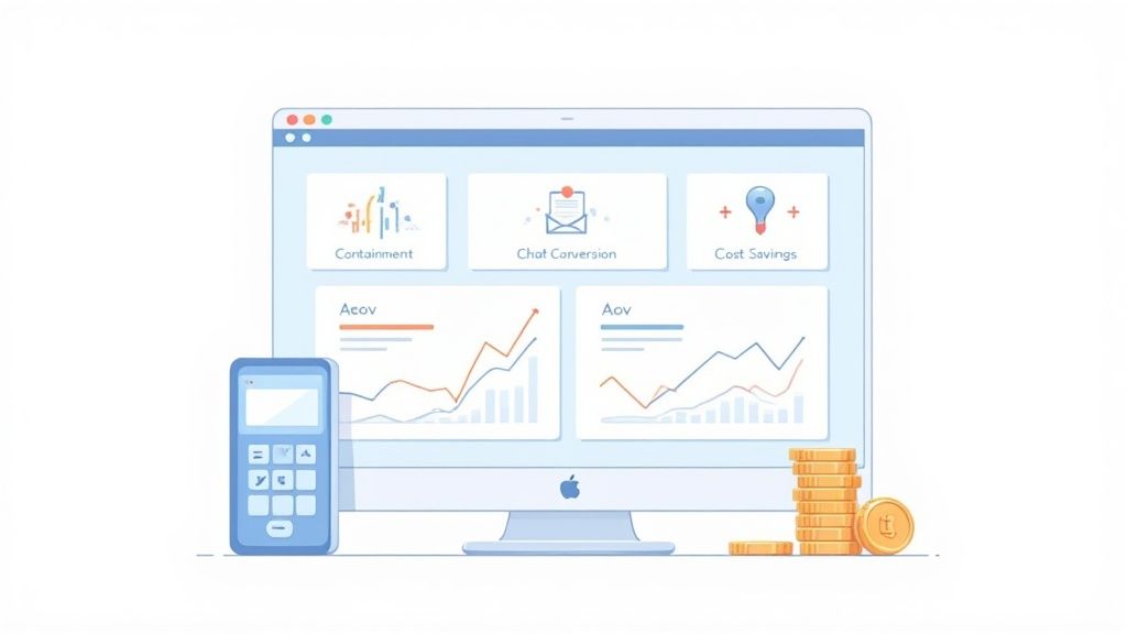 A desktop computer shows a dashboard with analytics for chat conversion, cost savings, and financial performance.