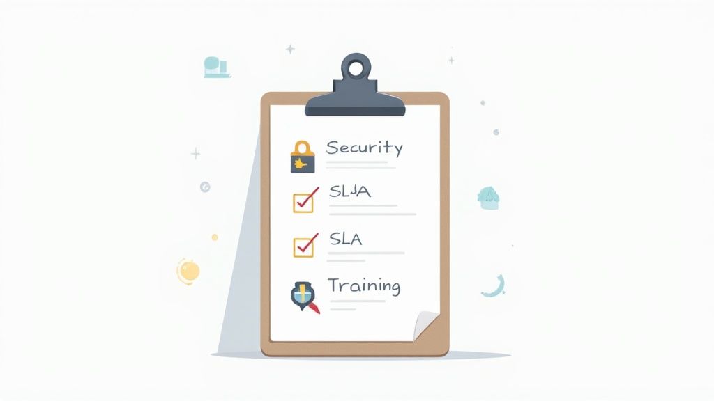 A checklist on a clipboard showing Security, two checked SLAs, and Training items.