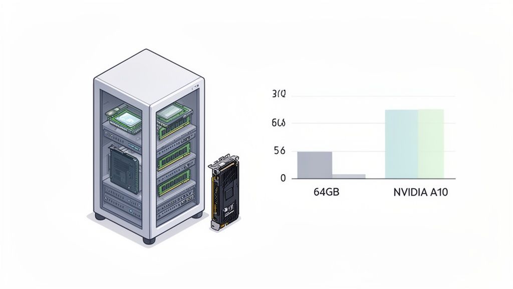 An illustration of a server rack with various computing components and an NVIDIA A10 GPU. A bar chart compares 64GB system performance against NVIDIA A10.