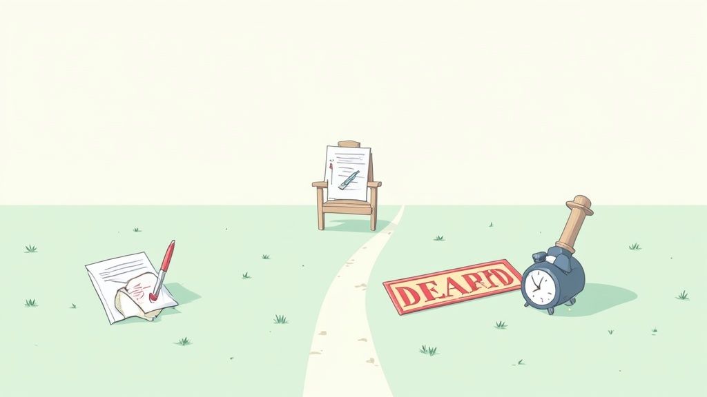 A cartoon path shows abandoned documents, a 'DEAD' sign, and a broken alarm clock, symbolizing missed deadlines.