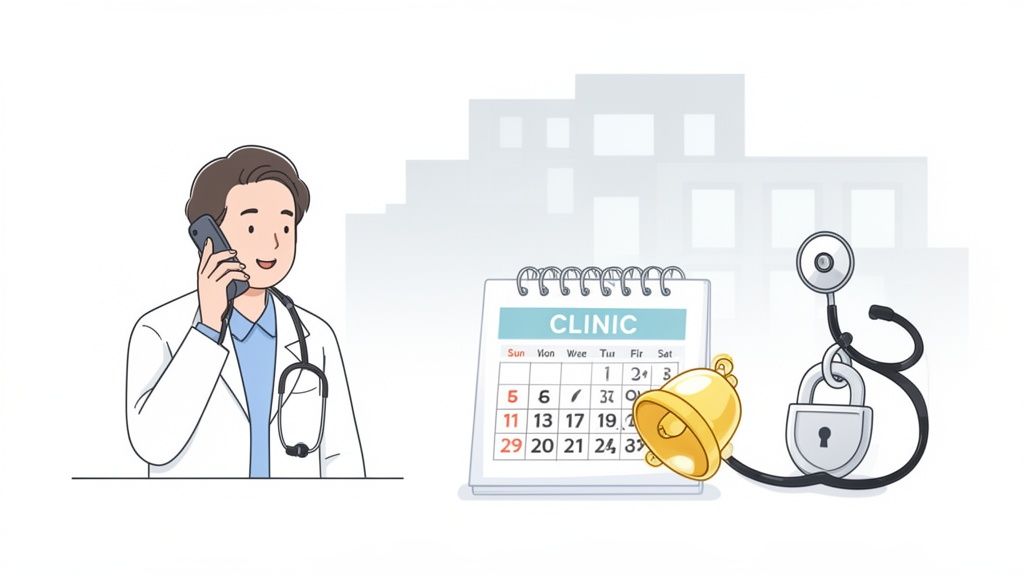 A doctor on a phone call next to a clinic calendar, bell, stethoscope, and padlock, representing medical appointments.