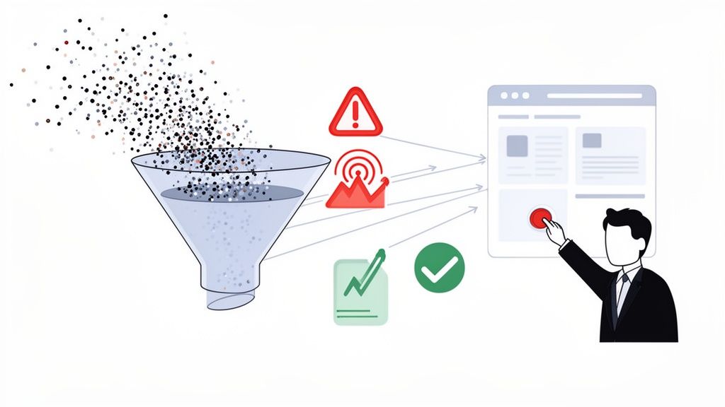 Illustration of data processing through a funnel, showing alerts, analysis, and user interaction on a dashboard.