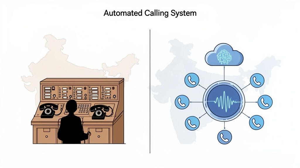 Comparison of traditional manual and modern automated calling systems on an India map.