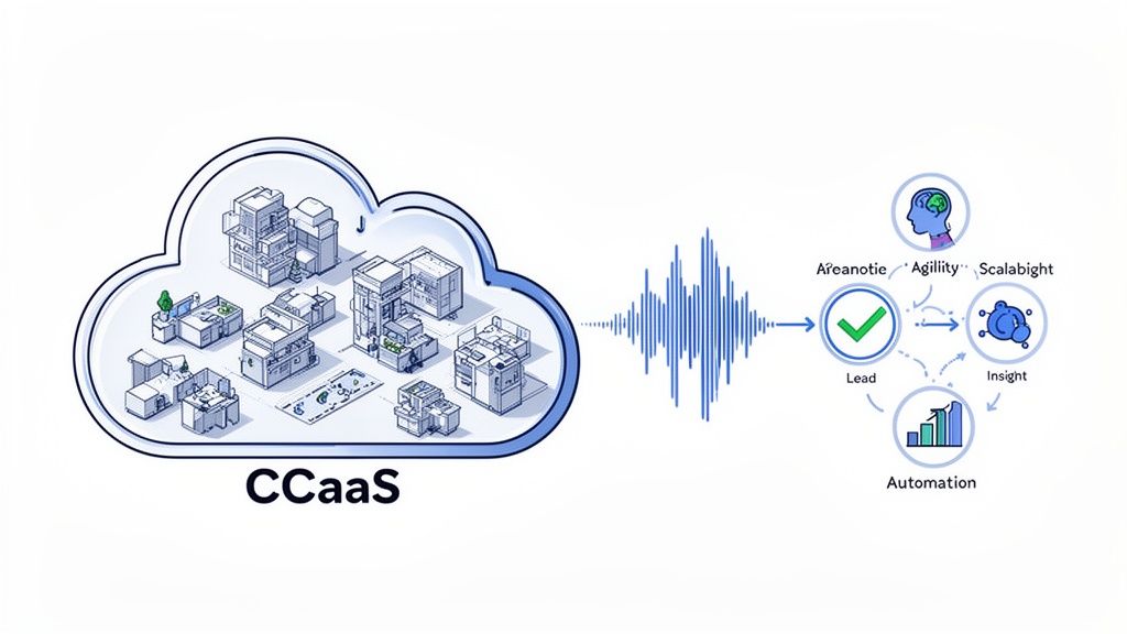 A diagram illustrating the flow from CCaaS to data processing, generating leads, insights, and automation for business agility.