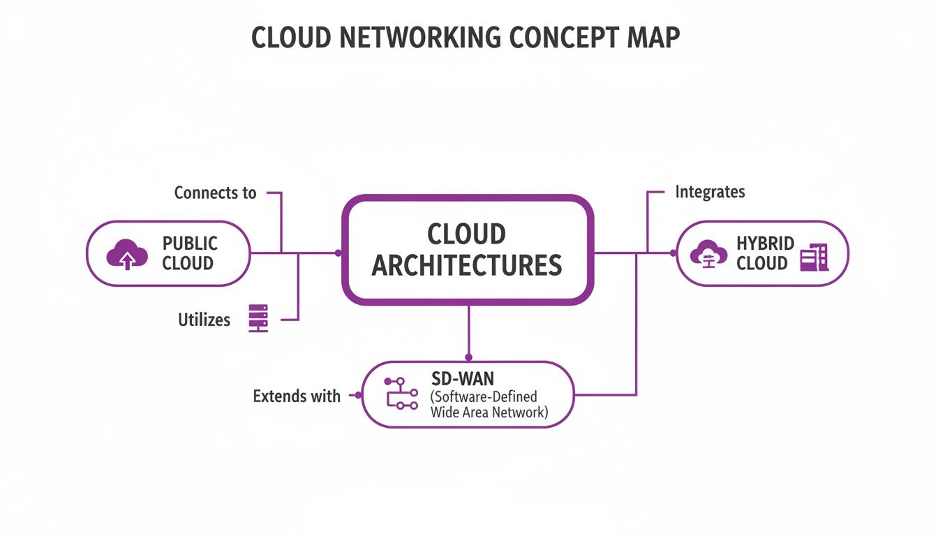 A concept map illustrating cloud networking architectures, their connections to public, hybrid clouds, and SD-WAN.